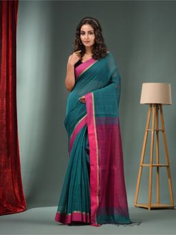 CHARUKRITI - Teal Green Cotton Blend Handwoven Saree with Texture Designs & Unstitched Blouse
