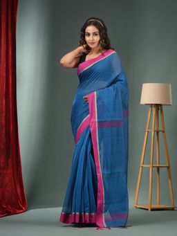 CHARUKRITI - Sapphire Blue Cotton Blend Handwoven Saree with Texture Designs & Unstitched Blouse