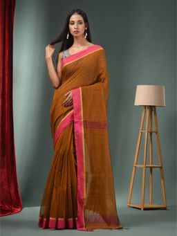 CHARUKRITI - Mustard Cotton Blend Handwoven Saree with Texture Designs & Unstitched Blouse