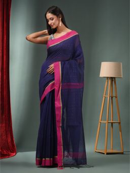 CHARUKRITI - Midnight Blue Cotton Blend Handwoven Saree with Texture Designs & Unstitched Blouse