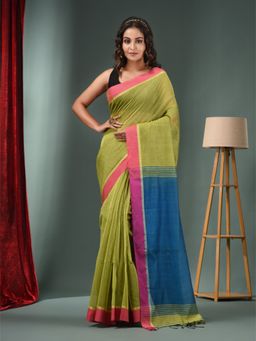 CHARUKRITI - Sap Green Cotton Blend Handwoven Saree with Texture Designs & Unstitched Blouse