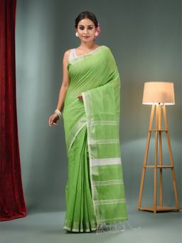 CHARUKRITI - Parrot Green Cotton Blend Handwoven Saree with Zari Border & Unstitched Blouse
