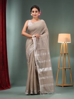 CHARUKRITI - Ecru Cotton Blend Handwoven Saree with Zari Border & Unstitched Blouse