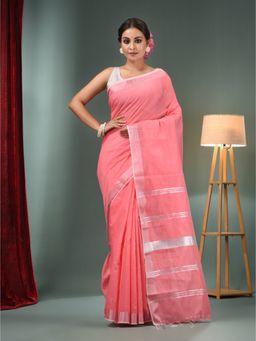 CHARUKRITI - Pink Cotton Blend Handwoven Saree with Zari Border & Unstitched Blouse
