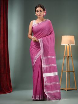 CHARUKRITI - Wine Cotton Blend Handwoven Saree with Zari Border & Unstitched Blouse