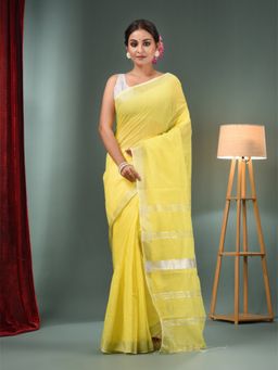 CHARUKRITI - Yellow Cotton Blend Handwoven Saree with Zari Border & Unstitched Blouse