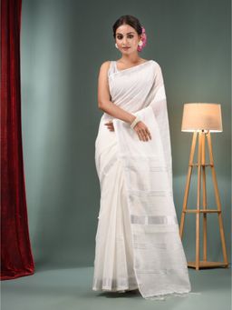 CHARUKRITI - White Cotton Blend Handwoven Saree with Zari Border & Unstitched Blouse