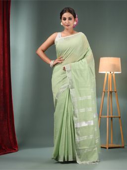 CHARUKRITI - Sage Green Cotton Blend Handwoven Saree with Zari Border & Unstitched Blouse