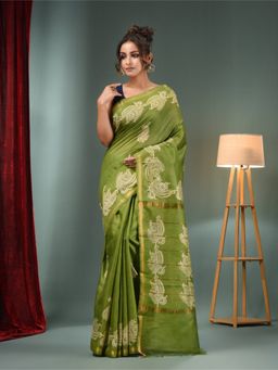 CHARUKRITI - Light Green Blended Silk Handwoven Saree with Paisley Border & Unstitched Blouse