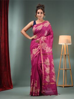 CHARUKRITI - Wine Blended Silk Handwoven Saree with Paisley Border & Unstitched Blouse