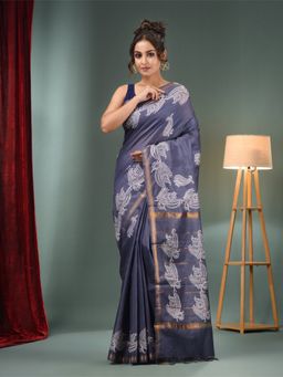 CHARUKRITI - Grey Blended Silk Handwoven Saree with Paisley Border & Unstitched Blouse