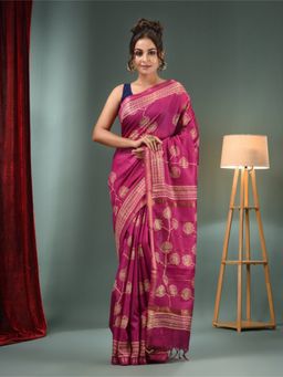 CHARUKRITI - Wine Blended Silk Handwoven Saree with Flower Designs & Unstitched Blouse