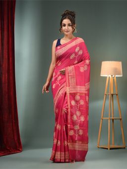 CHARUKRITI - Pink Blended Silk Handwoven Saree with Flower Designs & Unstitched Blouse