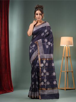 CHARUKRITI - Navy Blue Blended Silk Handwoven Saree with Flower Designs & Unstitched Blouse