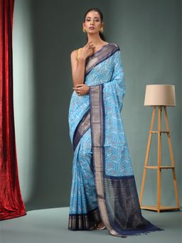 CHARUKRITI - Sky Blue Blended Silk Handwoven Ajrakh Print Saree & Unstitched Blouse