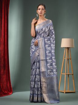 CHARUKRITI - Midnight Blue Blended Silk Handwoven Ajrakh Print Saree & Unstitched Blouse
