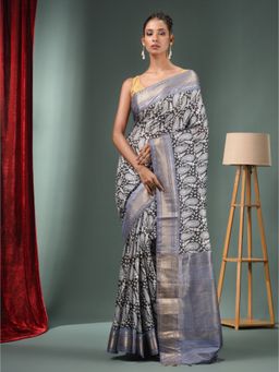 CHARUKRITI - Charcoal Blended Silk Handwoven Ajrakh Print Saree & Unstitched Blouse