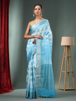 CHARUKRITI - Sky Blue Blended Silk Handwoven Saree with Zari Border & Unstitched Blouse