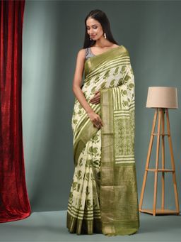 CHARUKRITI - Mint Green Blended Silk Handwoven Saree with Zari Border & Unstitched Blouse