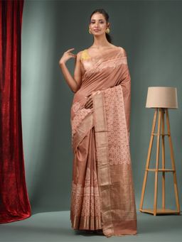 CHARUKRITI - Rose Gold Blended Silk Handwoven Saree with Zari Border & Unstitched Blouse