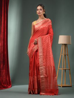 CHARUKRITI - Red Blended Silk Handwoven Saree with Zari Border & Unstitched Blouse