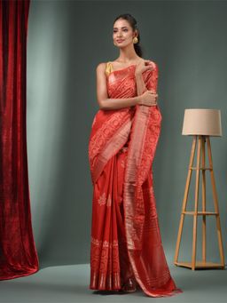 CHARUKRITI - Red Blended Silk Handwoven Saree with Zari Border & Unstitched Blouse