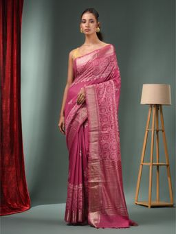 CHARUKRITI - Wine Blended Silk Handwoven Saree with Woven Zari Border & Unstitched Blouse