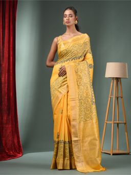 CHARUKRITI - Yellow Blended Silk Handwoven Saree with Woven Zari Border & Unstitched Blouse