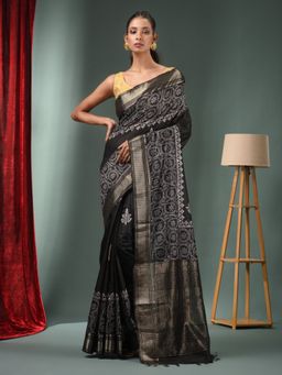 CHARUKRITI - Black Blended Silk Handwoven Saree with Woven Zari Border & Unstitched Blouse