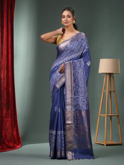 CHARUKRITI - Blue Blended Silk Handwoven Saree with Woven Zari Border & Unstitched Blouse