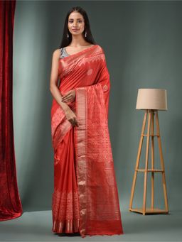 CHARUKRITI - Red Blended Silk Handwoven Saree with Woven Zari Border & Unstitched Blouse