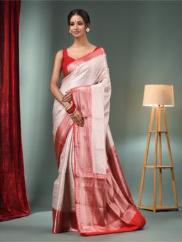 CHARUKRITI - Off White Blended Silk Handwoven Saree with Woven Zari Designs & Unstitched Blouse