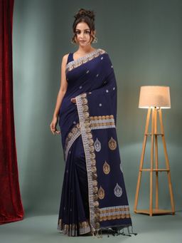 CHARUKRITI - Navy Blue Cotton Handwoven Saree with Woven Designs & Unstitched Blouse