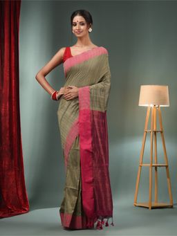 CHARUKRITI - Ecru Cotton Handwoven Soft Saree & Unstitched Blouse
