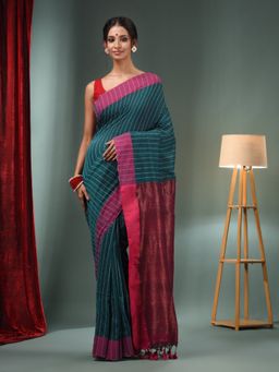 CHARUKRITI - Teal Green Cotton Handwoven Saree with Kantha Style & Unstitched Blouse