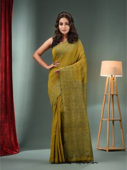 CHARUKRITI - Lime Green Cotton Handwoven Saree with Sequins Work & Unstitched Blouse
