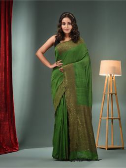 CHARUKRITI - Green Cotton Handwoven Saree with Sequins Work & Unstitched Blouse