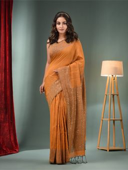 CHARUKRITI - Rust Cotton Handwoven Saree with Sequins Work & Unstitched Blouse
