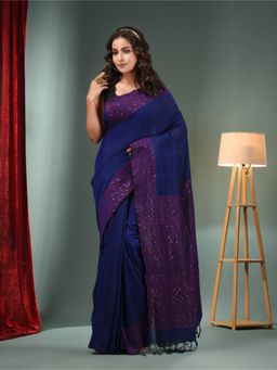 CHARUKRITI - Blue Cotton Handwoven Saree with Sequins Work & Unstitched Blouse