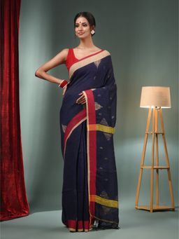 CHARUKRITI - Navy Blue Linen Handwoven Saree with Ghicha Work & Unstitched Blouse