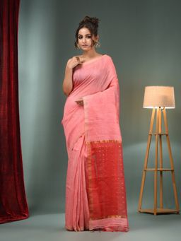 CHARUKRITI - Peach Matka Handwoven Saree with Zari Border & Unstitched Blouse