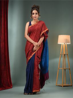 CHARUKRITI - Sapphire Blue Matka Handwoven Saree with Stripes Pallu & Unstitched Blouse