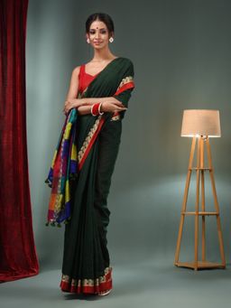 CHARUKRITI - Emerald Green Matka Handwoven Saree with Multicolour Stripes Pallu & Unstitched Blouse