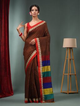 CHARUKRITI - Brown Matka Handwoven Saree with Multicolour Stripes Pallu & Unstitched Blouse