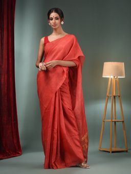 CHARUKRITI - Rust Silk Linen Handwoven Saree with Zari Border & Unstitched Blouse