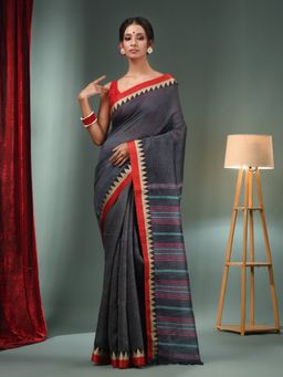 CHARUKRITI - Grey Silk Linen Handwoven Saree with Temple Border & Unstitched Blouse