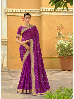Odette - Purple Vichitra Embroidered Saree with Unstitched Blouse