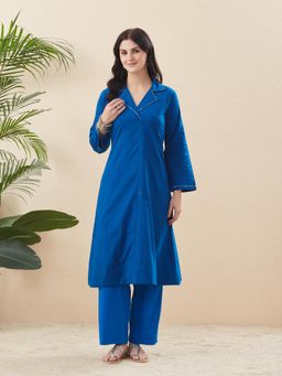 MOKOSH - Women Blue Solid Thread Work Kurta with Palazzo