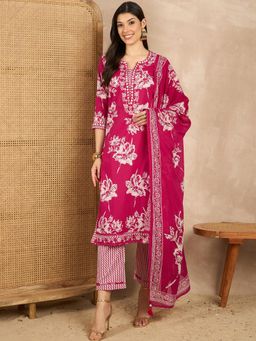 CHETI - Women Pink Floral Mirror Work Kurta with Pant and Dupatta
