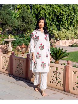 Missprint - Women White Floral Printed Kurta with Pant